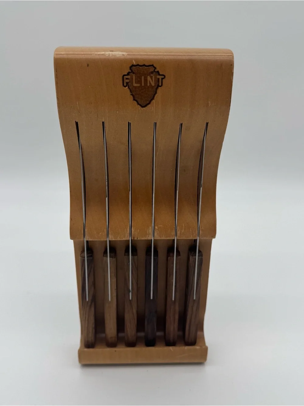 Vintage Set Of 6 Flint USA Wood Handle Steak Knives Wooden Case Waverly Edge MCM